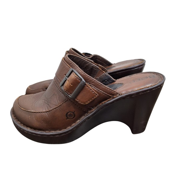 Born Shoes - Born Women's Size 7M Brown Leather Wedge Clogs Buckle Slip On Mules W61738 38EU